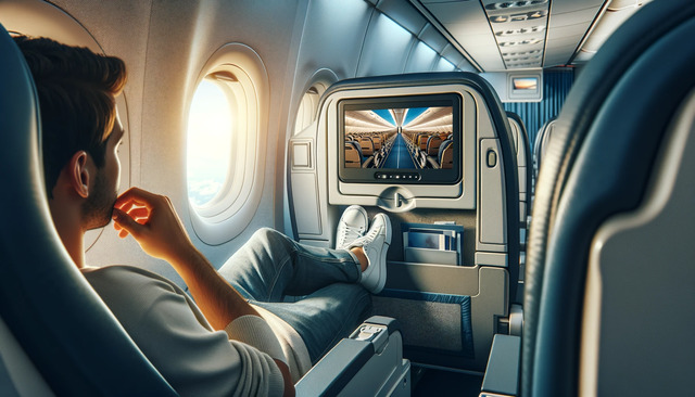 A passenger sitting in an airplane, enjoying the in-flight entertainment system, and relaxing in the seat