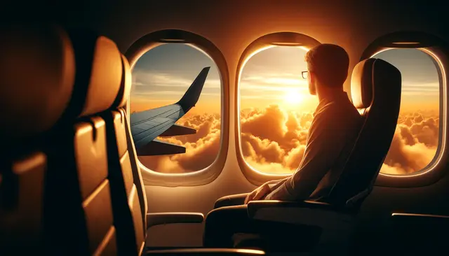 the serene moment of a passenger sitting in an airplane and looking out of the window during a beautiful sunset