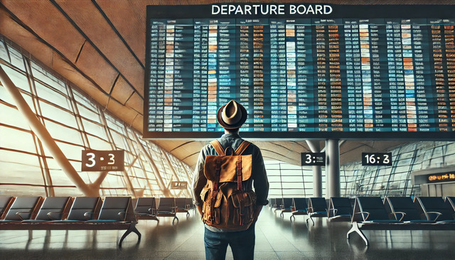 traveler standing in front of a large departure board