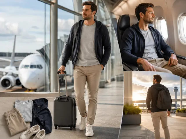 Collage eines Reisenden mit bequemem Flugoutfit im Terminal, in der Flugzeugkabine und in einer Flughafenlounge
