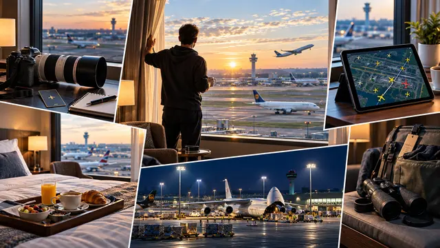 KI-Collage zum Plane-Spotting aus einem Flughafenhotel: Fotograf am Fenster, Flugradar auf einem Tablet und Flugzeuge auf dem Vorfeld